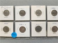 8 Buffalo nickels; 1926-1936. Buyer must confirm a