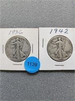 2 Walking Liberty half dollars; 1936, 1942. Buyer