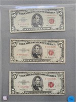 3 Lincoln Red Seal $5 bill.; 1963, 1953A, 1953B. B