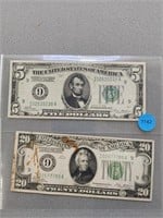 $20.00 Federal Reserve Note; 1928 and $5.00 Federa