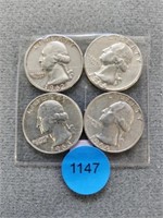 4 Washington quarters; 1962d, 1963d, 1964, 1964d.