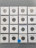 16 Jefferson WWII nickels; 1942p-1945p. Buyer must