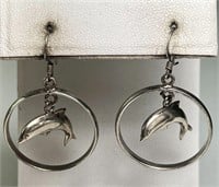 Large Sterling Dangling Dolphin Hoop Earrings 6 Gr