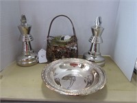 SILVER PLATE ITEMS & BASKET OF COSTUME JEWELRY