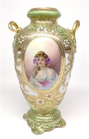 Nippon Portrait Of Woman Jeweled Urn Vase