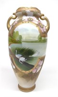 Nippon Painted Swans in Lake Porcelain Vase