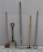 Rake, Square Shovel, Assorted Garden Tools