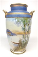 Nippon Lake Scene Painted Urn Vase