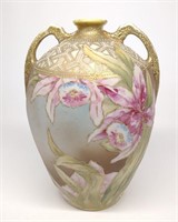 Nippon Beaded Pink Lily Floral Decorated Vase