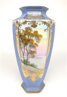 Nippon Blue Scenic Landscape Vase w/ Flying Owl