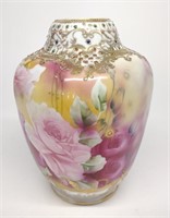 Nippon Pink Rose & Gold Jeweled Porcelain Vase