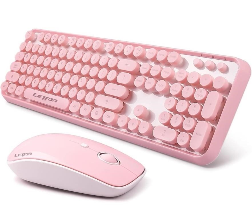 Pink Wireless Keyboard Mouse Combo, 2.4GHz Retro