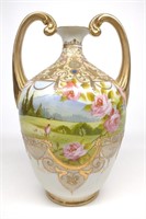 Nippon Pink Rose Mountain Scene Porcelain Vase