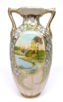 Nippon Farmhouse Lake Scene Porcelain Vase