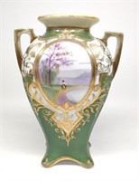 Nippon Green & Gold Dutch Scene Footed Vase
