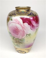 Nippon Cobalt Blue Jeweled Pink Rose Vase