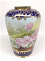Nippon Cobalt Blue Pink Floral Pond Landscape Vase