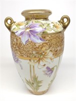 Nippon Scroll Handled Purple & Gold Flower Vase
