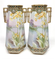 Pr of Nippon Jeweled Lake Scene Floral Vases