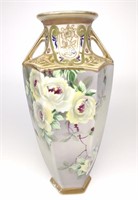 Nippon White Rose Floral Hexagonal Urn Vase