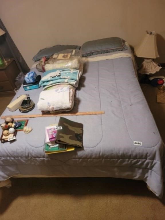 BED, BEDSPREAD, MATTRESS, BOX, AND FRAME