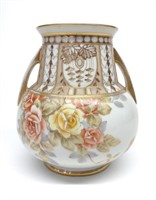 Nippon Red & Yellow Rose Porcelain Vase