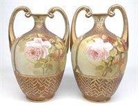 Pr of Nippon Rose Basket Weave Vases