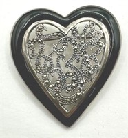 Sterling & Onyx Heart Brooch Pendant approx 2"x2"