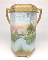 Nippon Scenic River Landscape Footed Vase
