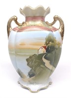 Nippon House By Lake Scene Painted Vase