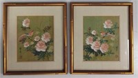 Japanese Pink Bird & Rose Water Colours, Signed