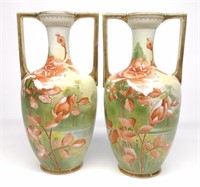 Pr of Nippon Rose Bush Lake Scene Porcelain Vases