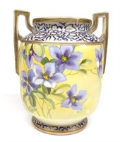 Nippon Floral Violets & Gold Enamel Vase