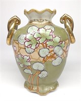 Nippon Floral  Art Nouveau Green Ruffled Vase
