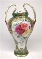 Nippon Green & Gold Floral Painted Vase