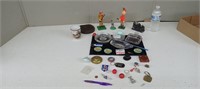 VINTAGE PLASTIC STATUE,PATCHES,CAR ASHTRAY ETC