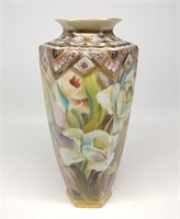 Nippon Floral Painted Hexagonal Vase
