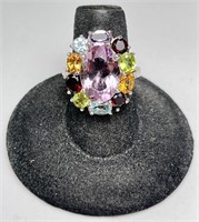 Large Sterling Amethyst/Multi-Gem Halo Ring 7G S-7