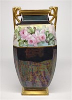 Nippon Iridescent Black Floral Rose Vase
