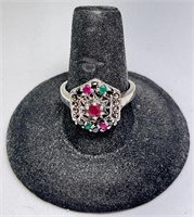 Sterling Ruby/Emerald/Sapphire Cluster Ring 4 Gr