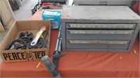 Drill bits in metal box, bike parts & more