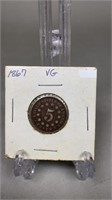 1867 Shield Nickel VG