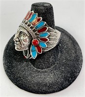 Large Men's Sterling Turquoise/Coral Chief Ring