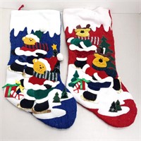 2 Christmas stockings teddy bears blue red
