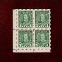 CANADA BLK OF 4 KGV PICTORIAL 1 CENT STAMPS - note