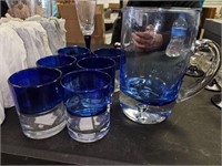 Set of 6 Glasses and 1 Pitcher  Cobalt Blue