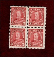 CANADA BLK OF 4 KGV PICTORIAL 3 CENT STAMPS - note