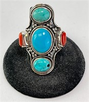 Xtra large Sterling Turquoise/Coral Ring 15 Gr S-8