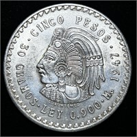 1947 Mexico .900 SILVER 5 Pesos "Cuauhtemoc" Coin