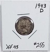 1943-D  Mercury Dime   XF-45